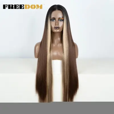 Image de Perruque Lace Front Synthétique 38" Ombré Marron-Rouge-Blond