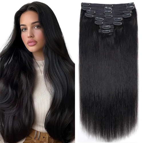 Image of Natural Human Hair Clip-In Extensions in Rich Chocolate Brown, 8-Piece Set, 26 Inches Long, Seamless Blend for Fuller, Luscious Hair