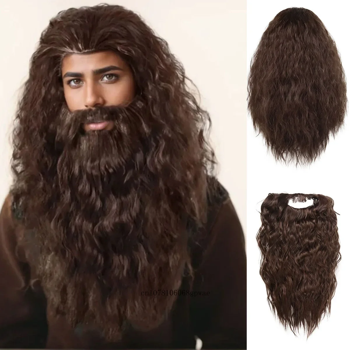 Afbeelding van Heren Bruine Synthetische Pruiken en Baard Lang Golvend Krullend Haar Pruik Met Snor Halloween Perkamentus Cosplay Pruik Kostuum Feest Dagelijks