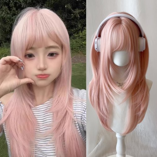 Bild von MEISU 24-Zoll-synthetische gerade Perücken mit Air Bangs-Haar, ROSA, hitzebeständig, natürlich und glatt, für den täglichen Gebrauch für Frauen