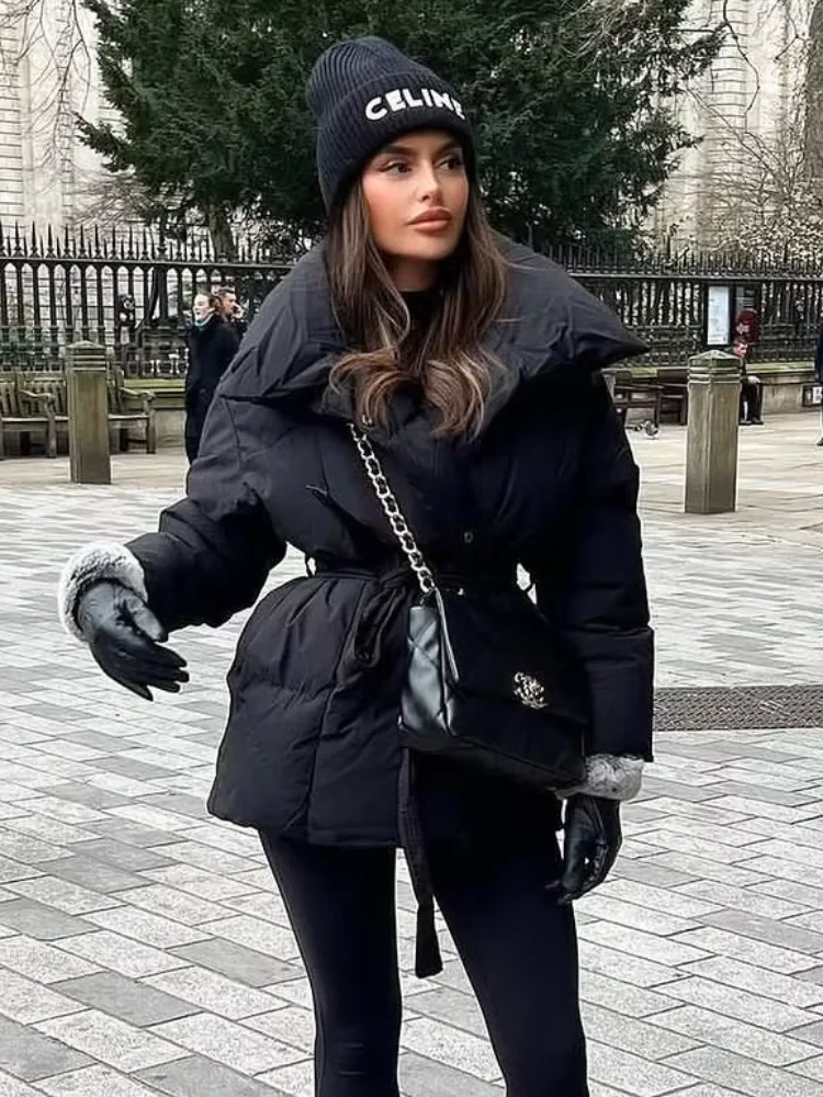 Abrigo de Algodón Corto y Holgado para Mujer con Cordones y Solapa Lisa, Manga Larga con Bolsillos, Prenda Cálida para Otoño e Invierno