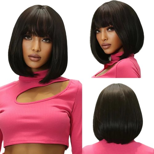 Bild von Synthetische 12-Zoll-kurze Bob-Perücke in Schwarz mit Pony für Frauen, natürlich aussehende weiche Haarersatzperücken, Velma Kelly Halloween