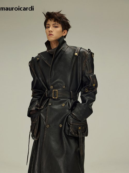 Imagen de Abrigo de Cuero para Hombre Mauroicardi, Estilo Primavera-Otoño, Largo, Desgastado, Negro, con Cinturón y Doble Botonadura, Moda Europea de Lujo 2023