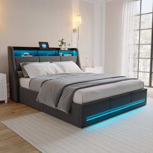 Image of Modern Upholstered Double Bed with Storage, LED Headboard & USB Charging Ports – Available in 140cm, 160cm, 200cm Sizes
