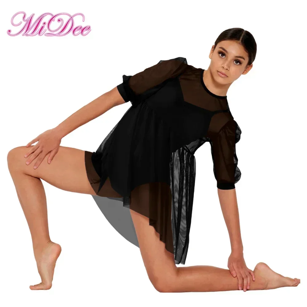 Image of Elegant Two-Piece Babydoll Mesh Dress with Matching Leotard, Pullover Skirt, and Puff Sleeves – Modern Lyrical Ballet Dance Costume for Young Dancers