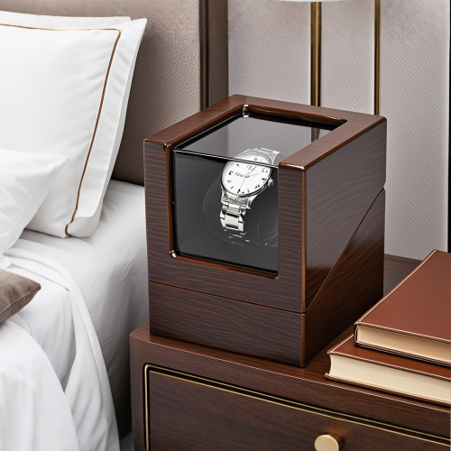 Image of Luxury Single Watch Winder with Wooden Shaker Box, Automatic Motorized Glass Display Case and Rechargeable Battery Power