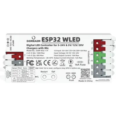 Image de Contrôleur LED ESP32 DOMRAEM - Puissance 16A, Double Entrée 5-24V