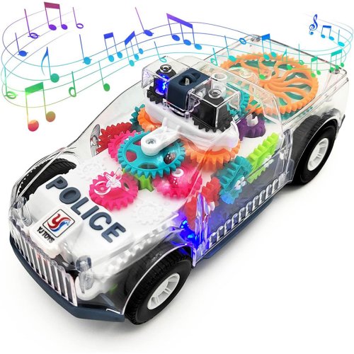 Image of Light-Up Transparent Gears Police Car Toy with Bump-and-Go Feature, Music, and LED Effects – Educational Vehicle for Kids