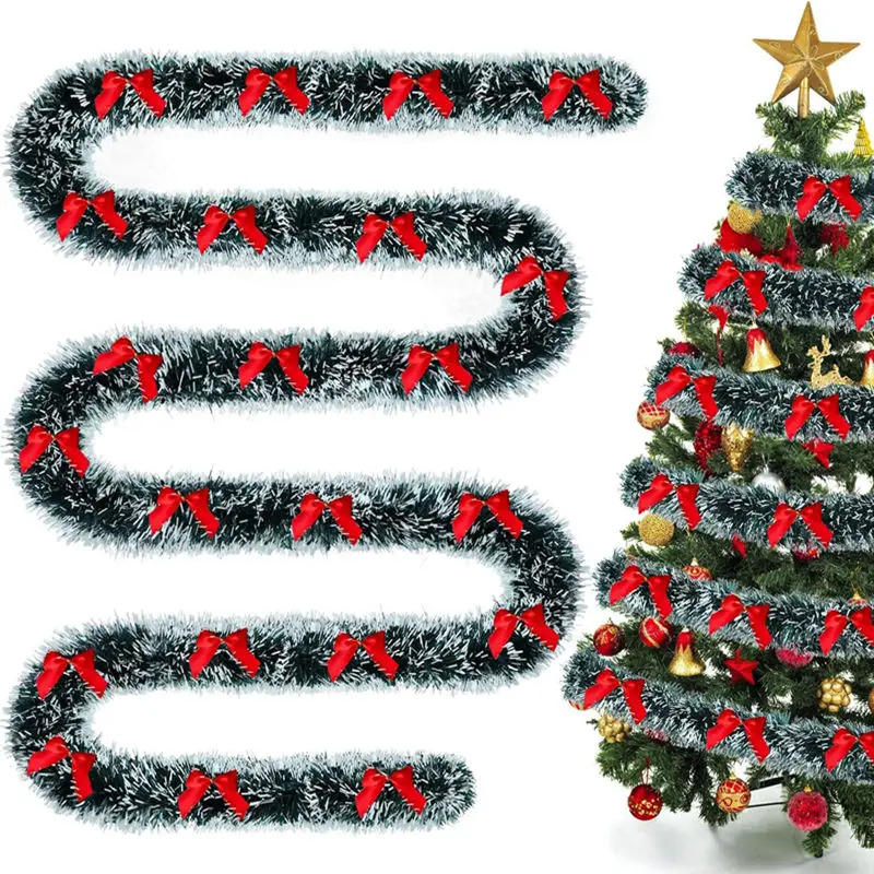 Image of Natural Green Christmas Tree Decoration Ribbon Garland with Tinsel, Bow, and Wreath Accents for Festive Holiday Decor