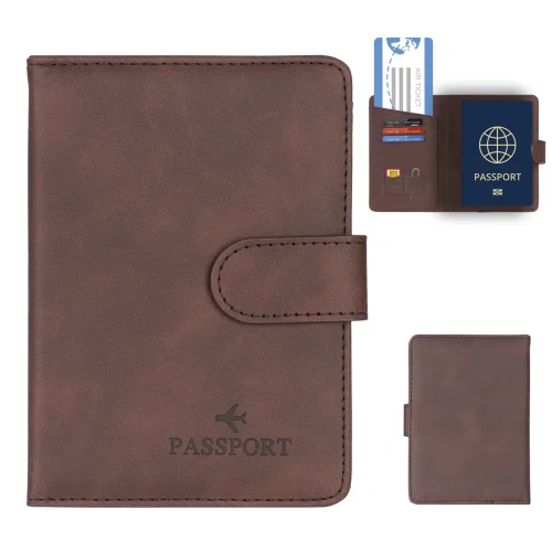 Imagen de Funda sencilla para pasaporte de viaje, cartera con bloqueo RFID, tarjetero de cuero PU para negocios, accesorios de viaje para mujeres y hombres