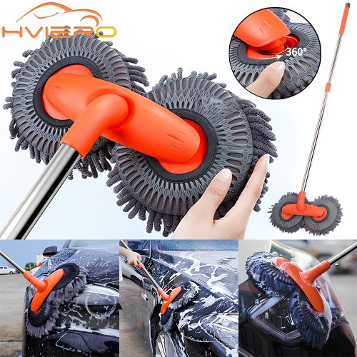 Immagine di Kit Multiuso per Pulizia Auto e Casa con Spazzola in Microfibra, Mop, Spugna e Accessori Universali - Colore Giallo e Grigio