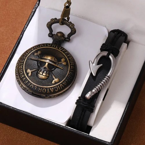 Bild von Retro Punk Pirat Kapitän Doppel-Messer Quarz Taschenuhr mit Halskette Anhänger und Armband – Vintage Uhr als Geschenk für Männer