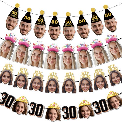 Immagine di Set di 8 banner fotografici personalizzati per compleanno con foto del viso, decorazioni festive per feste di adulti e bomboniere originali