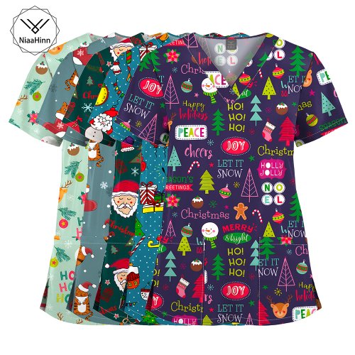 Afbeelding van Kerst Bedrukt Medisch Uniform: Verpleegstersaccessoires voor Werk – Arts & Chirurgische Scrub met Cartoon Patroon, Korte Mouwen Top voor Dames en Heren