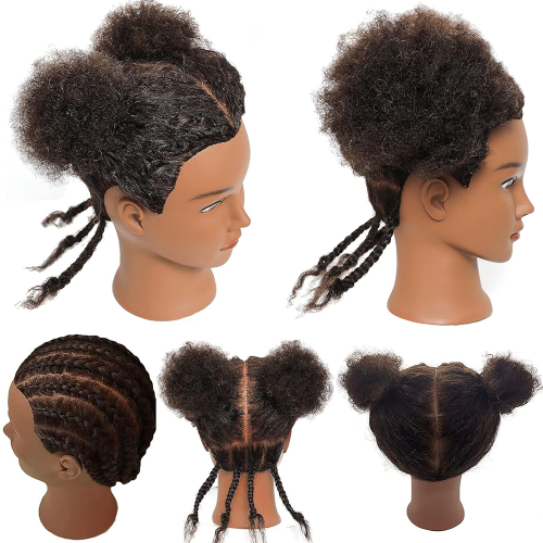 Imagen de Cabeza de Maniquí Afro con Cabello Real de 6 Pulgadas para Entrenamiento de Peinados y Trenzas - Ideal para Práctica de Maquillaje y Estilo