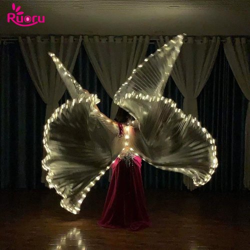 Immagine di Ali luminose fluorescenti gialle per danza del ventre e carnevale, accessori scenici LED per adulti