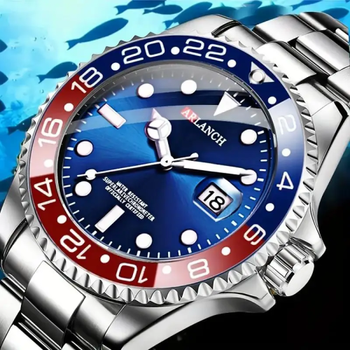 Zdjęcie Elegancki Zegarek Męski Biznesowy ze Stali Nierdzewnej 40 mm – Klasyczny Czerwono-Niebieski, Szklane Powiększające, Kalendarz, Seria Nurkowa, Kwarcowy