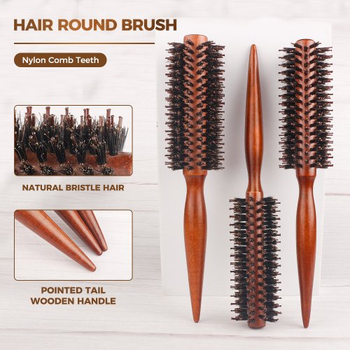 Imagen de Cepillo Rodante Redondo de Madera con Cerdas de Jabalí Natural para Peinar y Rizar el Pelo, Herramienta Profesional para Cuidado del Cabello