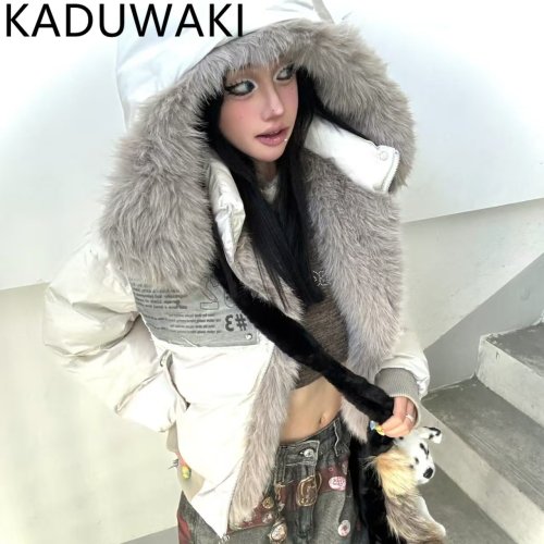 Imagen de Ropa de invierno Vintage americana, Parkas con capucha y cuello de piel informales holgadas, ropa de calle Harajuku Grunge, chaquetas Y2k, prendas de vestir