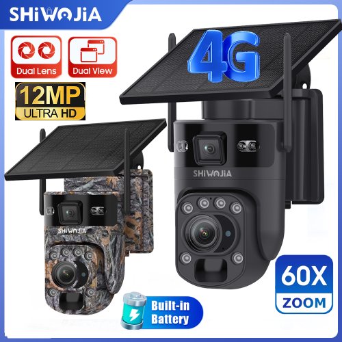 Image of Solar-Powered 60x Zoom 4G WiFi Security Camera with Dual Screens, 6K Night Vision, PIR Motion Detection, and Battery Backup
