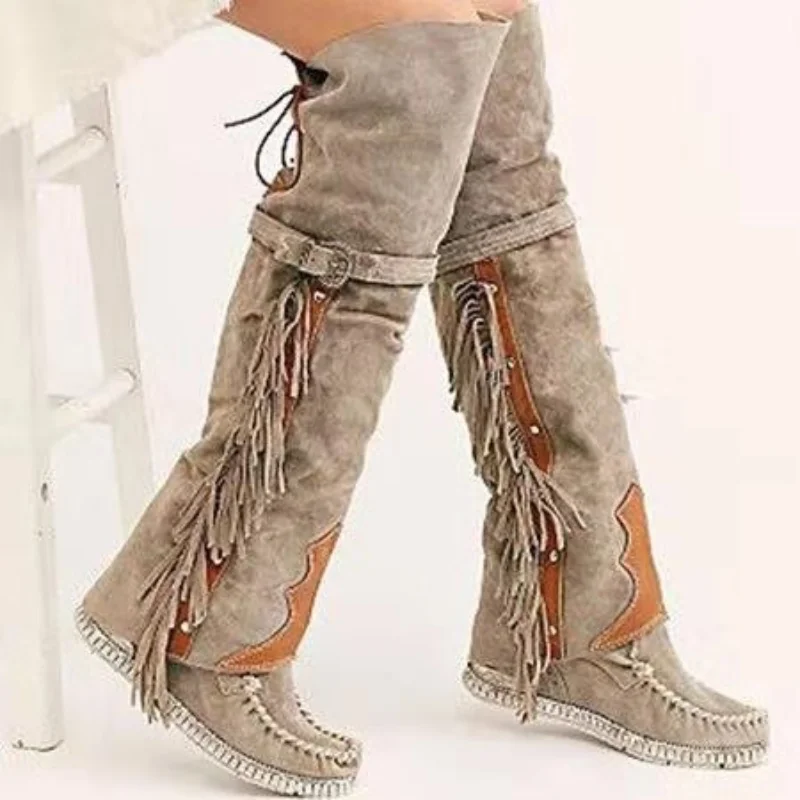 Immagine di Moda Boemia Stivali da donna al ginocchio Personalità etnica Stivali alti Nappe Stivali in pelle scamosciata sintetica Ragazza Fondo piatto Botas Mujer lunghi