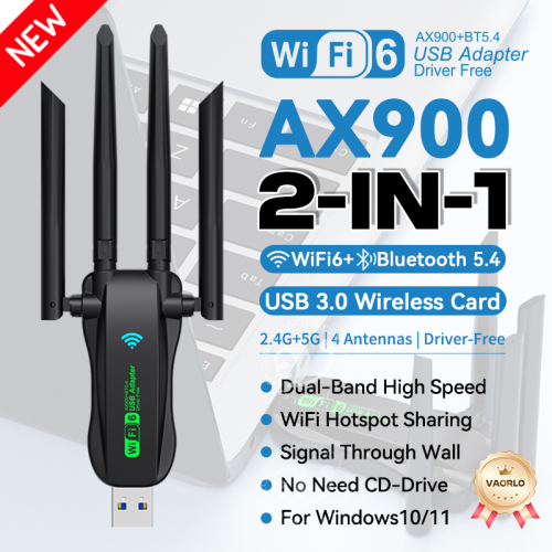 Immagine di Adattatore WiFi 6 AX900 con Bluetooth 5.4 – Scheda di Rete Wireless USB Dual Band 2.4GHz e 5GHz con Antenna Esterna per PC e Laptop Windows 10/11 – Driver Inclusi Gratuitamente