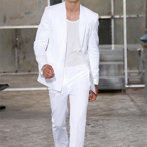 Image of Elegant 2023 Summer White Groom Tuxedo Suit with Peaked Lapel Long Jacket and Matching Trousers – Formal Wedding Men's Two-Piece Blazer Set for Prom and Special Occasions