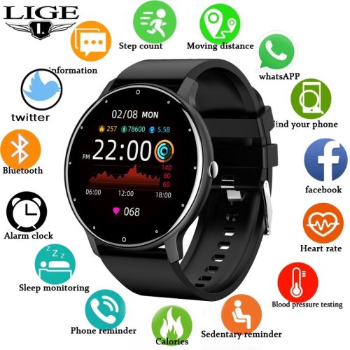 Imagen de Reloj Inteligente LIGE para Hombre y Mujer con Pantalla Táctil Completa, Resistente al Agua IP67, Bluetooth, Compatible con Android e iOS, Ideal para Fitness y Actividad Deportiva