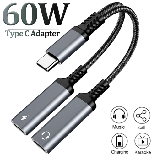 Imagen de Adaptador USB-C 2 en 1: Audio + Carga Rápida PD 60W