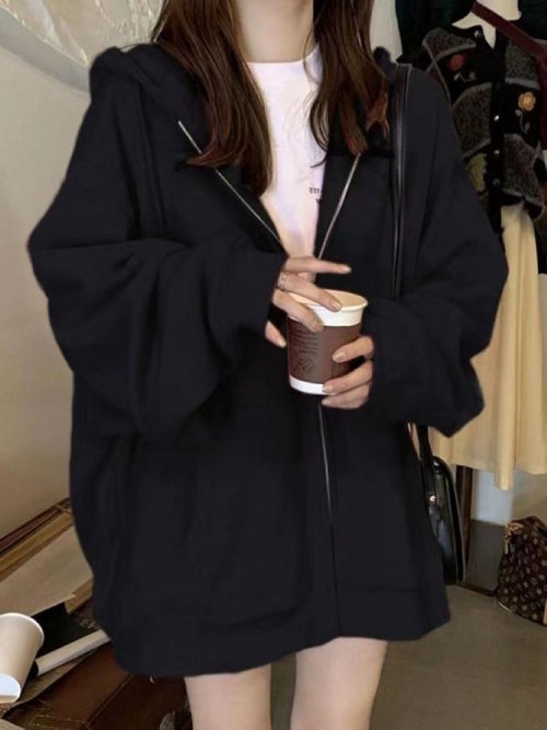 Immagine di Felpa con Cappuccio con Cerniera Donna Autunno – Moda Coreana Y2K, Streetwear Harajuku, Top a Maniche Lunghe Casual e Oversize
