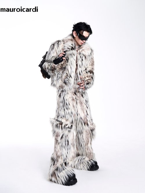 Image of Men's Autumn Winter Colorful Faux Fur Coat – Thick, Warm, Fluffy, Short Multicolored Y2K Streetwear Jacket 2024