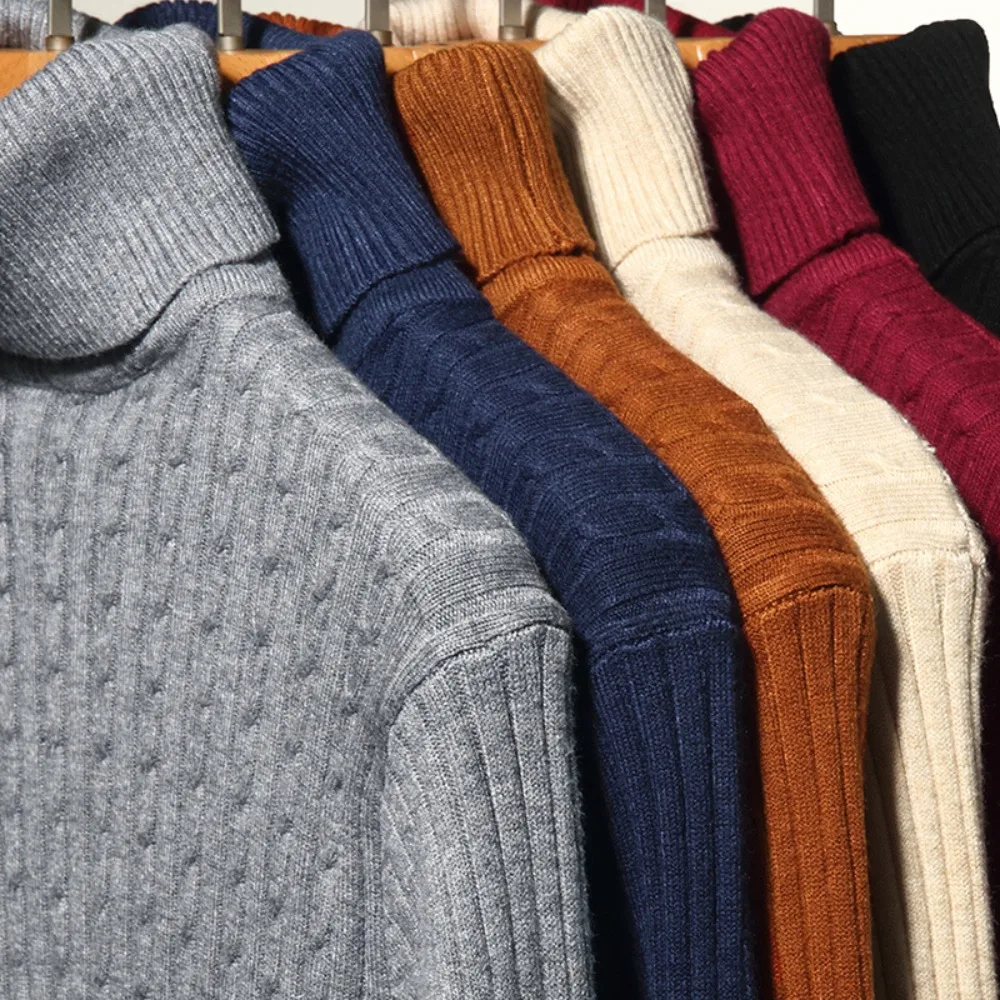 Image of Men's Autumn Knitted Turtleneck Sweater – Warm Striped Long Sleeve Pullover in Solid Color, Casual Streetwear Basic Top