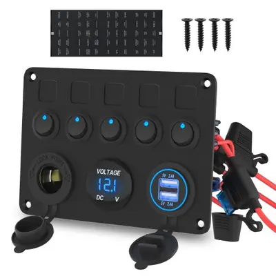 Image de Panneau de Commutation 5 Gangs Étanche avec USB et Voltmètre LED Bleu