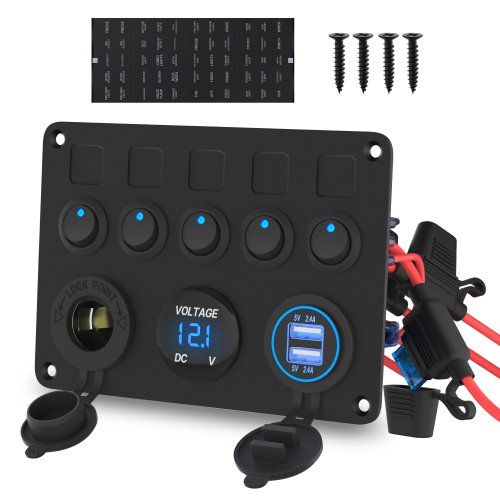 Image of Daiertek 5-Gang Waterproof Boat Switch Panel with Dual USB Ports, 12V Outlet, Digital Voltmeter & Blue LED – Ideal for Cars, Boats, and RVs