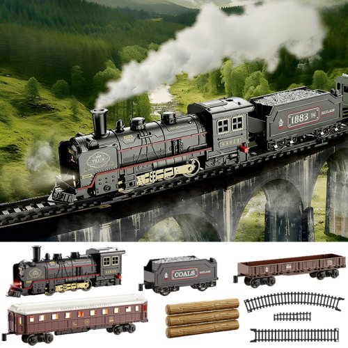 Imagen de Tren de vapor eléctrico Retro para niños, juguetes clásicos, tren de carga ferroviario, pistas de alta velocidad, modelo de tren, juguetes para niños, regalo de Navidad