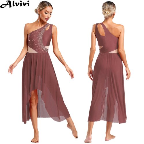Image of Women Sleeveless Rhinestones Mesh Modern Lyrical Dance Leotard Dress Ballet Gymnnastics Skating Stage Performance Dancewear