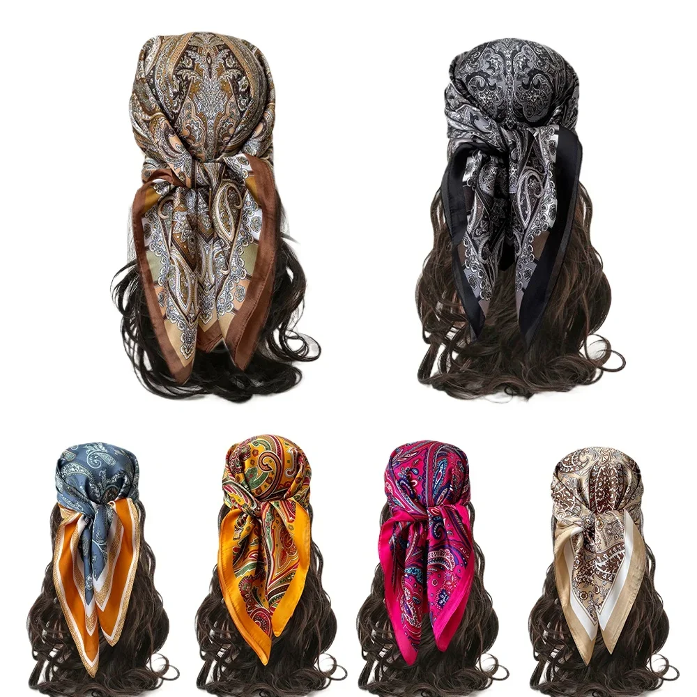 Bild von Luxus Druck imitation Seide Quadrat Schal Frauen Frühling Hals Krawatte Schal Wraps Weibliche Haar Hand Handgelenk Headkercheif Hijab Bandana
