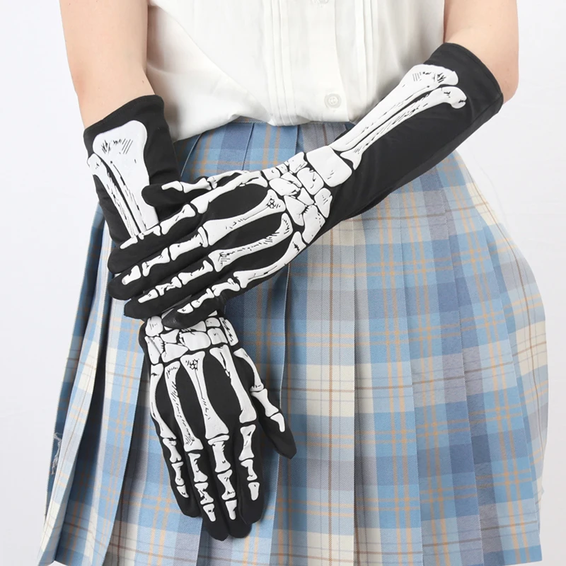 Image of Black Punk Long Fingerless Gloves with Skeleton Skull Design – Unisex Stretch Gothic Cosplay Accessories for Halloween and Everyday Wear