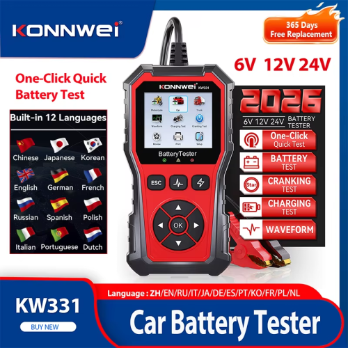 Imagen de Probador de Batería para Coche Konnwei KW331 6V 12V 24V - Analizador de Carga, Arranque y Circuitos con 100-2000 CCA - Herramienta Profesional para Diagnóstico Automotriz