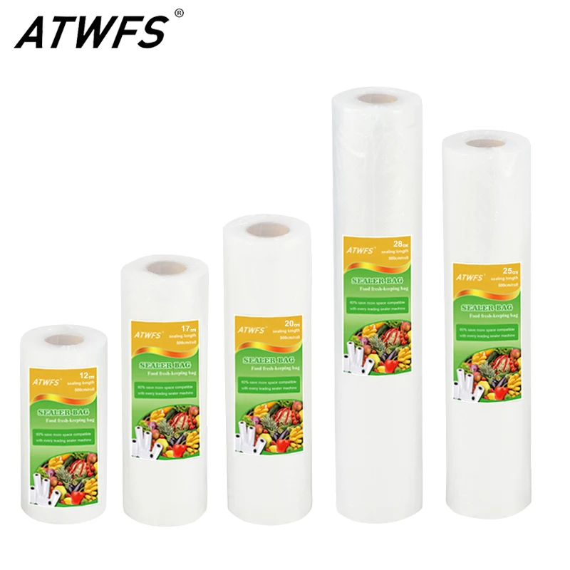 Imagen de ATWFS bolsa de vacío para embalaje de alimentos, bolsas selladoras al vacío para almacenamiento de alimentos, bolsa fresca para mantener los productos, 12/17/20/25/28cm x 500cm, 1 rollo