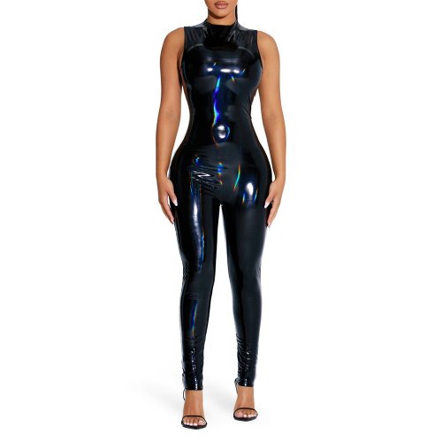 Imagen de Mono sin mangas de PVC para mujer con acabado húmedo y brillo charol, diseño bodycon ajustado con cuello redondo, mameluco elástico y sexy