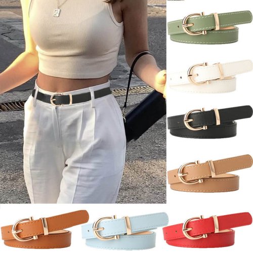Image of Elegant Women's PU Leather Belt with Simple Metal Buckle – Stylish Dress and Jean Waistband Accessory for Ladies, Luxury Designer Look
