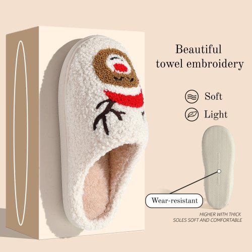 Afbeelding van Warme Kerstslippers voor Mannen en Vrouwen - Leuke Kerstman Borduurpatroon, Pluche Slides voor Koppels en Familie, Harige Sandalen met Comfortabele Zool