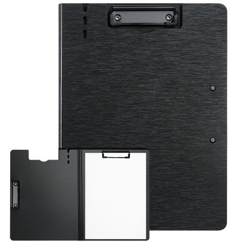 Immagine di Cartella Portablocco Pieghevole a 360 Gradi con Texture Spazzolata, Formato A4, con Portapenne e Doppie Clip Metalliche Verticali – Organizzatore da Ufficio e Scuola
