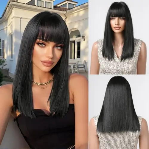 Image de Perruque Blonde Longue Ombrée avec Frange - Synthétique Résistant à la Chaleur