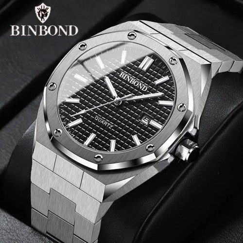 Imagen de Reloj de Pulsera para Hombre Binbong, Modelo Clásico con Esfera Grande, Cuarzo, Calendario y Correa de Acero Inoxidable Plateado – Reloj Informal a la Moda B0233