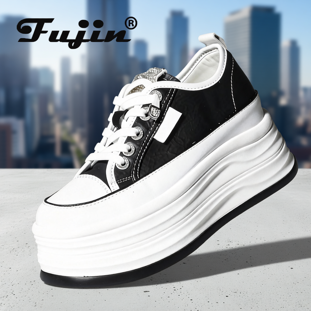 Immagine di Sneakers con zeppa Fujin da 9 cm (3 pollici) in microfibra bianca da donna, scarpe estive comode e casual per camminare
