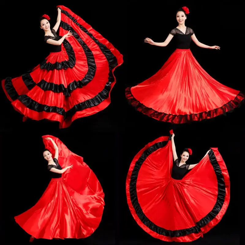 Image of Elegant Red Striped Satin Flamenco Skirt for Women and Kids – Big Swing Gypsy Style Belly Dance Costume for Stage Performances