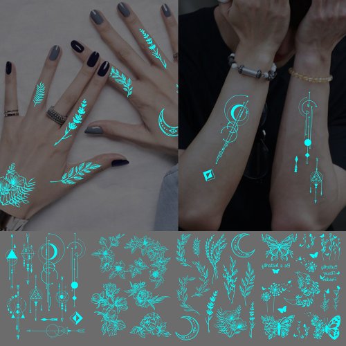 Bild von 4 Stück Blau Leuchtende Wasserdichte Temporäre Tattoo Aufkleber – Geometrische Schmetterling, Blume, Rose, Mond – Für Frauen und Männer – Arm- und Körperkunst als Gefälschte Tattoos