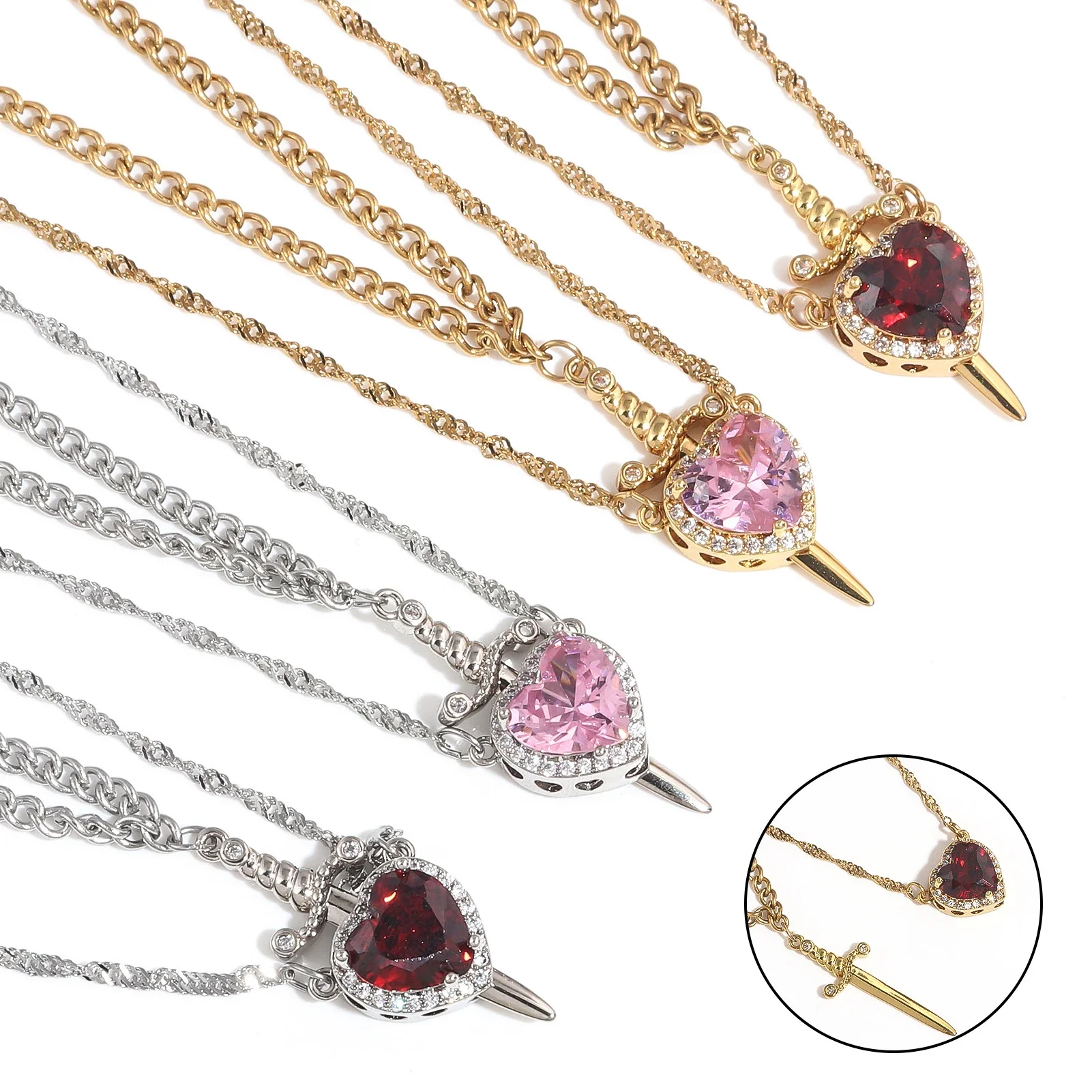 Imagen de Collares para Pareja con Colgantes de Corazón y Espada, Plata Chapada en Oro con Circón, Gargantilla de Cadena para Mujeres y Hombres